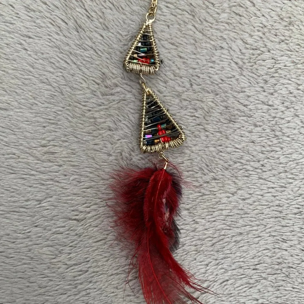 Express Layered Golden-Toned Beaded Triangles and Feather Necklace - Picture 11 of 15